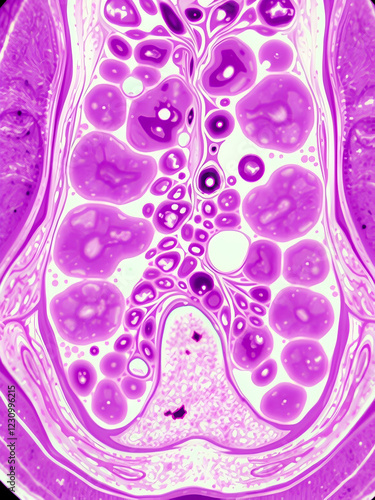 A staging bone marrow biopsy shows replacement of normal elements by diffuse large B-cell lymphoma, a type of non Hodgkin lymphoma, a malignancy (cancer) of lymphocytes, in this ca photo