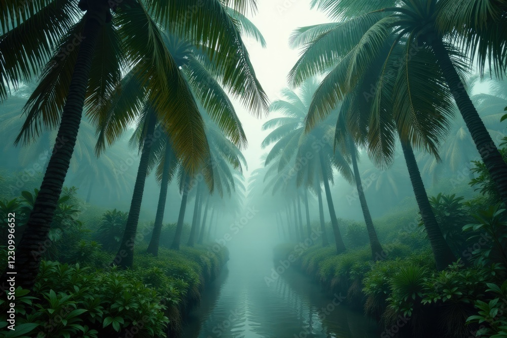 Swaying palm trees in misty Sunderbans forest, atmosphere, palms Swaying palm trees in misty Sunderbans forest, atmosphere, palms