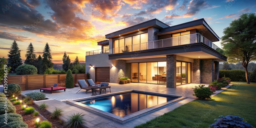 Obraz premium Modern Cozy House for Sale with Pool and Garage in Beautiful Landscaping - Clear Summer Evening Scene with Golden Light
