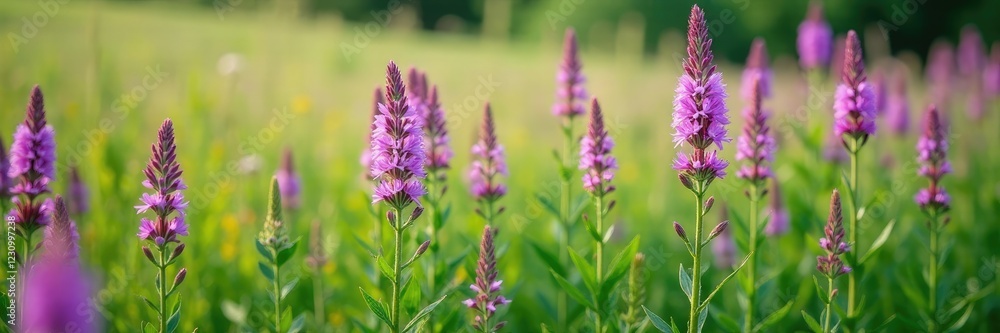 A field of Echium vulgare with purple flowers and silvery leaves, green, countryside, meadow A field of Echium vulgare with purple flowers and silvery leaves, green, countryside, meadow