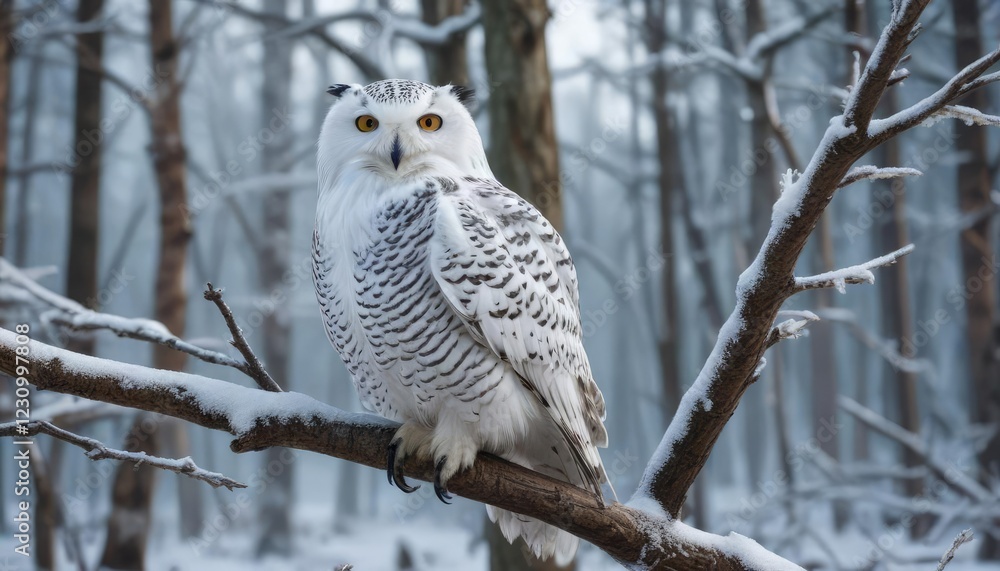 Snowy owl perched on a tree branch in frozen forest, bird in snow, cold climate Snowy owl perched on a tree branch in frozen forest, bird in snow, cold climate