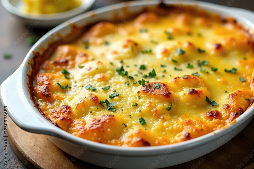 Creamy potato gratin in a shallow baking dish, baked, appetizing Creamy potato gratin in a shallow baking dish, baked, appetizing
