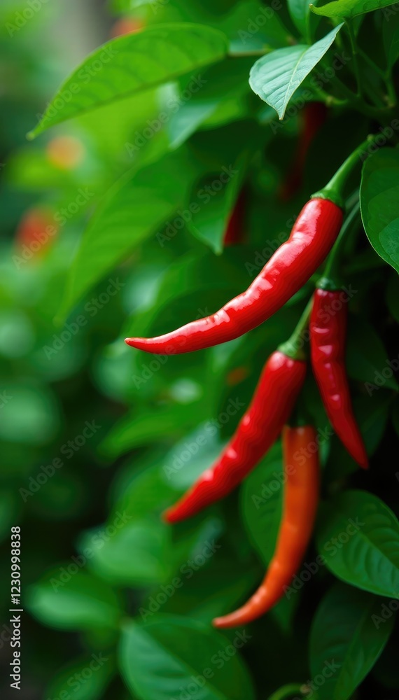 Fiery red chilies cling to lush green bush branches, gardening, tropical foliage Fiery red chilies cling to lush green bush branches, gardening, tropical foliage
