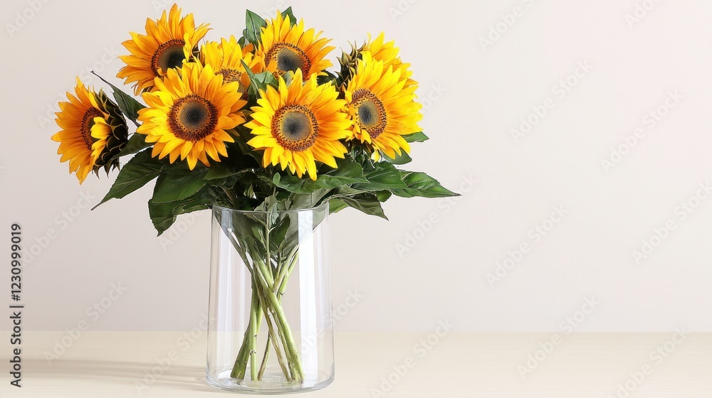 Obraz premium Bright Yellow Sunflower Bouquet in Clear Glass Vase