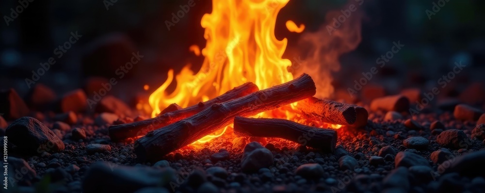 Flickering embers of a dying fire cast shadows on the ground, ground, crackling Flickering embers of a dying fire cast shadows on the ground, ground, crackling