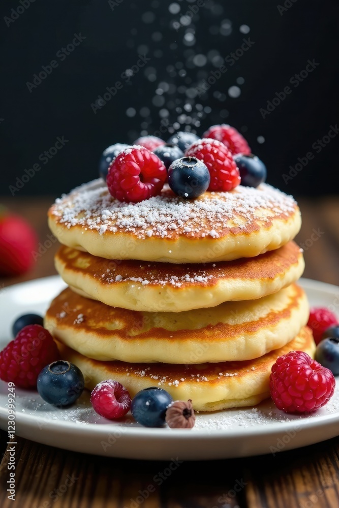 Fluffy pancakes stacked high with wild berries, breakfast, foodie, powdered sugar Fluffy pancakes stacked high with wild berries, breakfast, foodie, powdered sugar