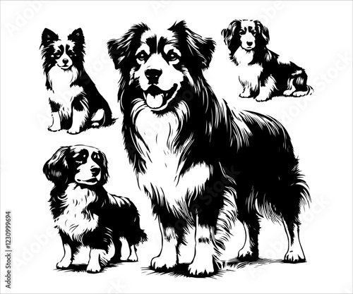 set of vector illustrations of australian shepherd and herding dogs