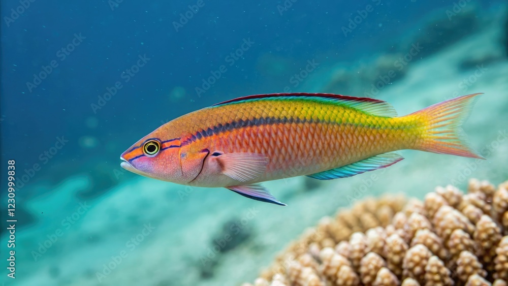 Naklejka premium Pictichromis paccagnellorum swimming in open water, Blue Body, Swimming Fish