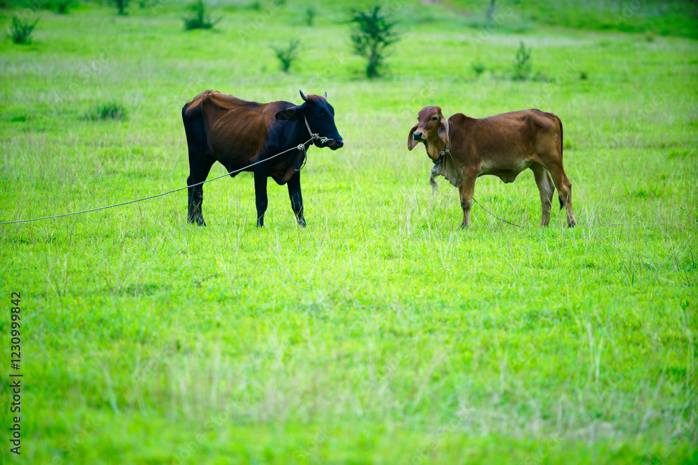 Cows Grazing on Lush Green Grass in Open Pasture Field Cows Grazing on Lush Green Grass in Open Pasture Field