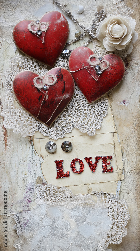 Valentine hearts with lace doilies and text space