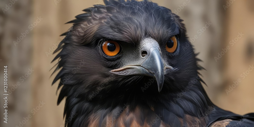 Fototapeta premium Portrait of a black hawk eagle with its distinctive facial markings, pattern, black hawk eagle, markings