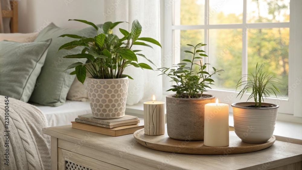 Potted plants on a bedside table with soft natural light and candles, peaceful ambiance, bedside table Potted plants on a bedside table with soft natural light and candles, peaceful ambiance, bedside table