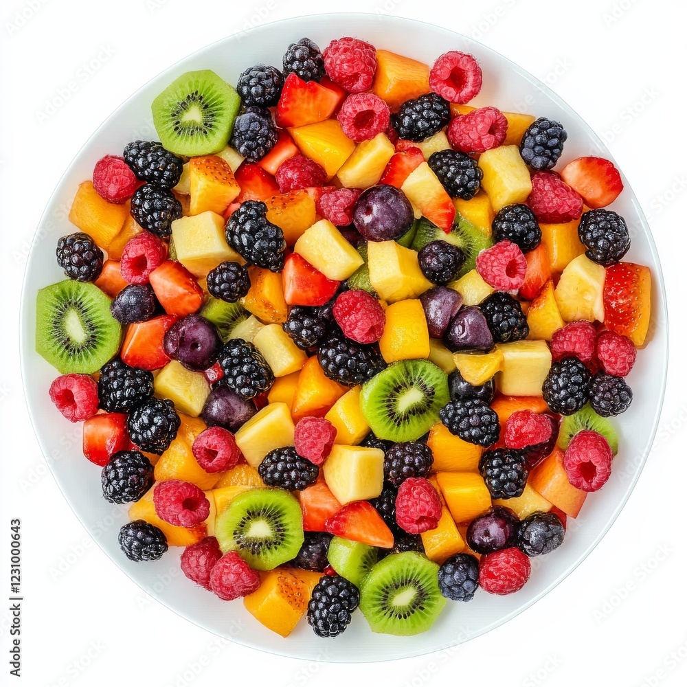 Obraz premium A platter of colorful fruit salad with assorted berries and kiwi, isolated white background, abstract art style