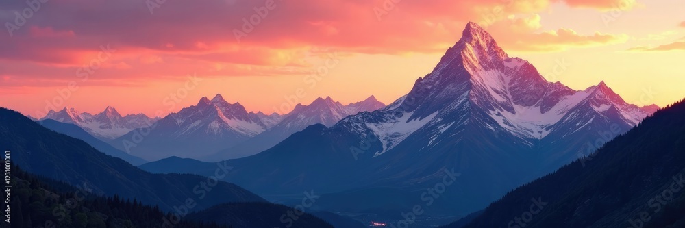 Obraz premium majestic mountain range illuminated by warm sunset light, scenery, range, peak