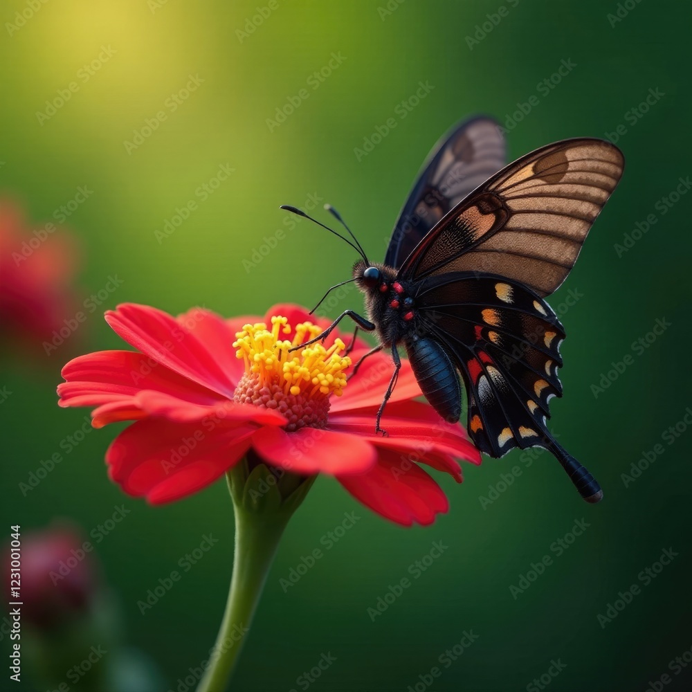 Mariposa sips nectar from a bright red isoras flower, spring, wildlife Mariposa sips nectar from a bright red isoras flower, spring, wildlife