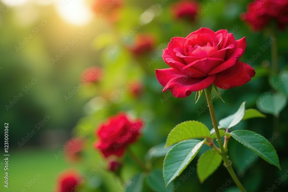 Mature red rose bush with long stems and full bloom in sunlight, mature tree, colors Mature red rose bush with long stems and full bloom in sunlight, mature tree, colors