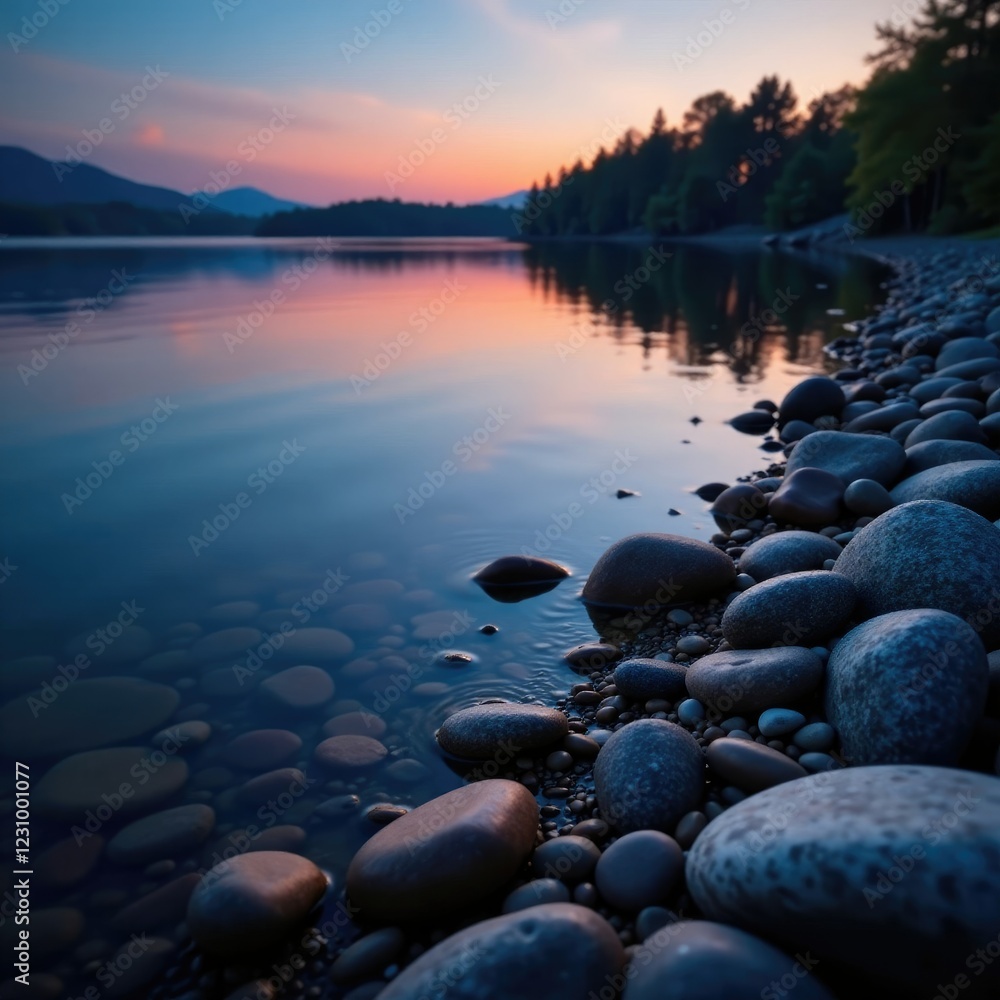 River stones lining a serene lake shore at dusk, shadows, night, calm River stones lining a serene lake shore at dusk, shadows, night, calm