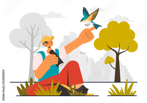 Bird Watching Vector Illustration featuring People Observing Bird in Nature with a Zoologist or Naturalist in a Park or Forest Setting in a Background
