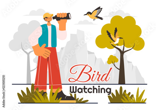 Bird Watching Vector Illustration featuring People Observing Bird in Nature with a Zoologist or Naturalist in a Park or Forest Setting in a Background