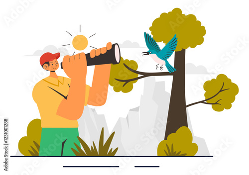 Bird Watching Vector Illustration featuring People Observing Bird in Nature with a Zoologist or Naturalist in a Park or Forest Setting in a Background