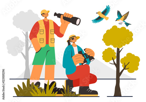 Bird Watching Vector Illustration featuring People Observing Bird in Nature with a Zoologist or Naturalist in a Park or Forest Setting in a Background