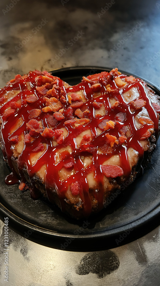 Heart-shaped meatloaf with bacon and ketchup glaze