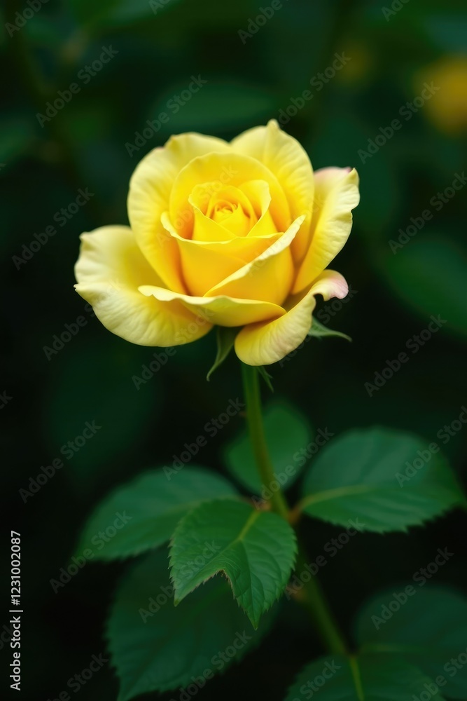 Single delicate yellow rose bloom against rich dark green foliage, foliage, stem, botanical Single delicate yellow rose bloom against rich dark green foliage, foliage, stem, botanical