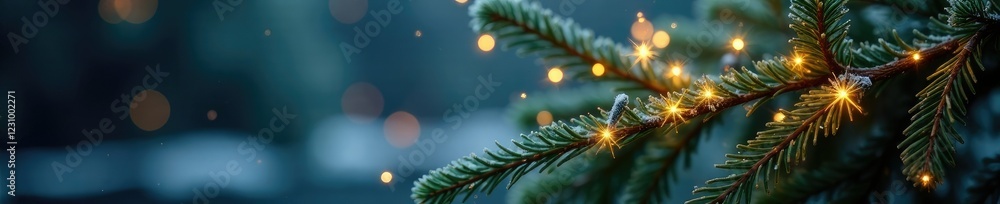 Sparkling fairy lights wrapped around a branch of evergreen fir, , frosty, sparkles Sparkling fairy lights wrapped around a branch of evergreen fir, , frosty, sparkles