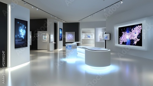 Modern Gallery Interior with Interactive Displays and Blue Lighting
