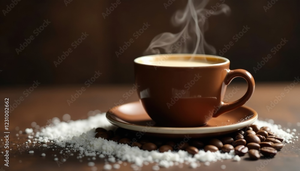 Obraz premium Steaming cup on beans with sugar and milk background, warm, coffee