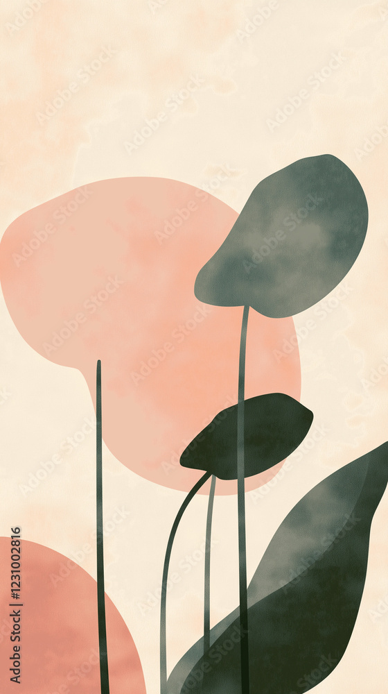 Pink and dark green minimalist plant with text space