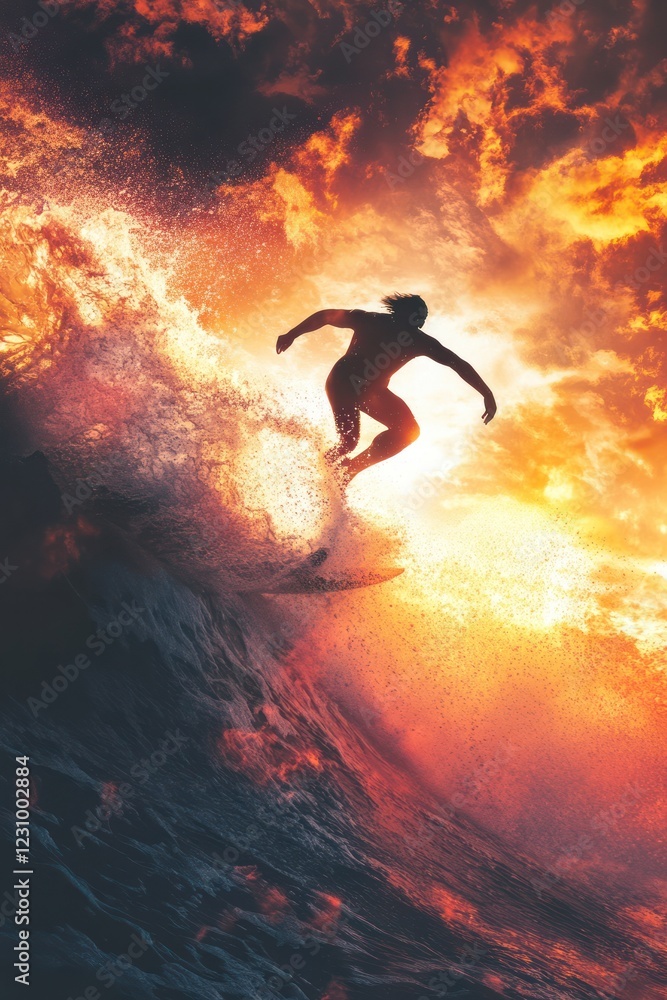 Naklejka premium Surfer sunset ocean wave silhouette action