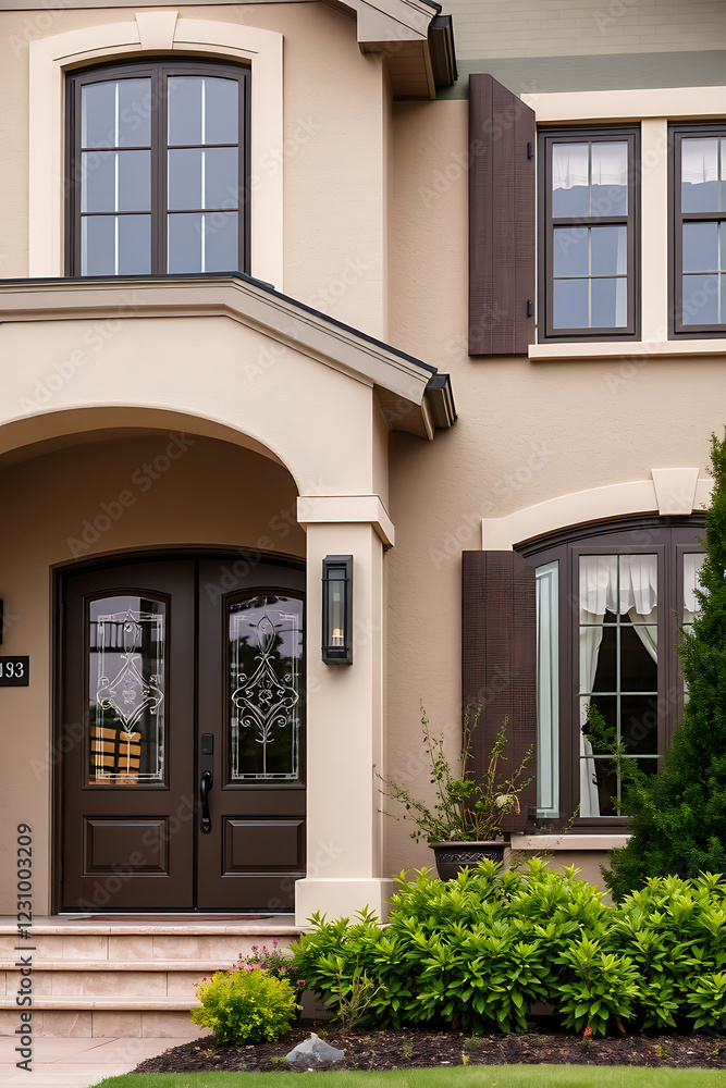 Obraz premium Elegant Home Exterior: Modern Architectural Design, Beige Facade, Brown Doors and Shutters, Landscaping
