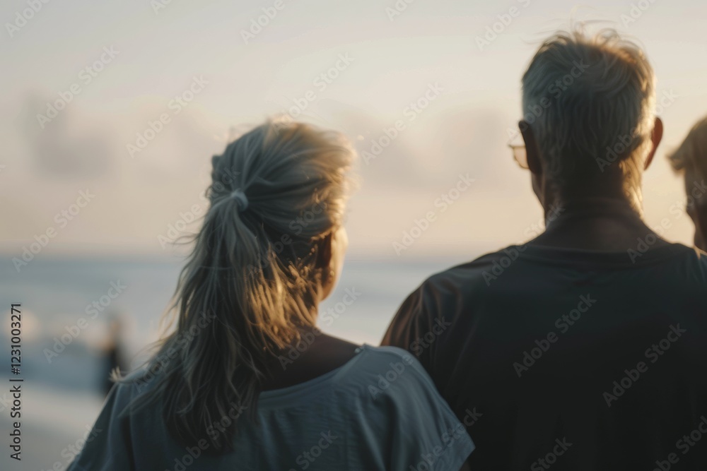 Back view of a group of people looking at the sea at sunset Back view of a group of people looking at the sea at sunset