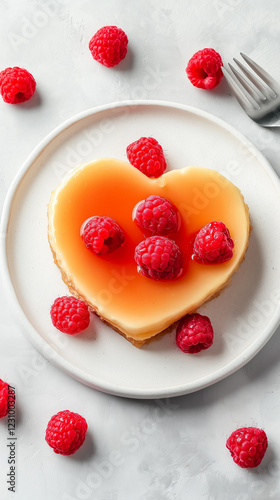 Obraz na płótnie Heart-shaped flan with fresh raspberries vertical w salonie