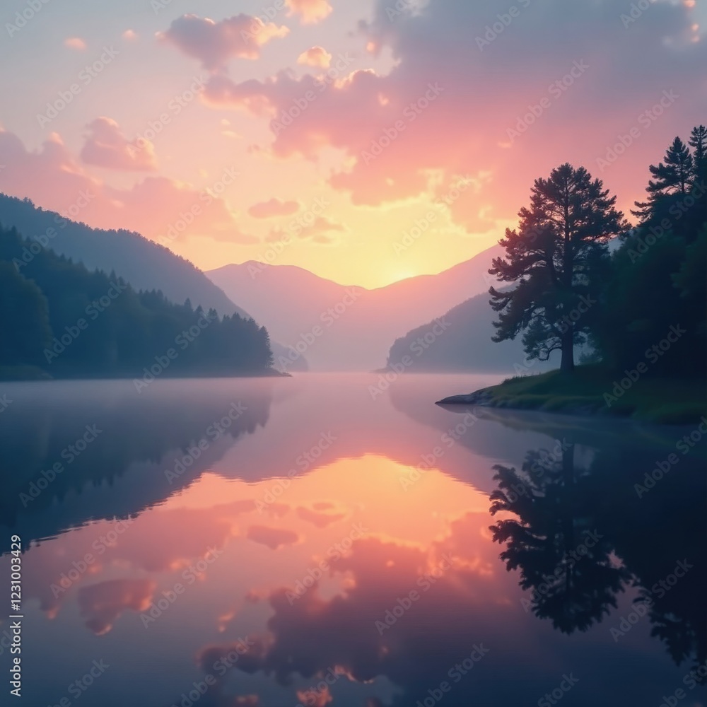 custom made wallpaper toronto digitalA delicate veil of smoke shrouds a serene lake at dusk, peaceful atmosphere, wispy clouds