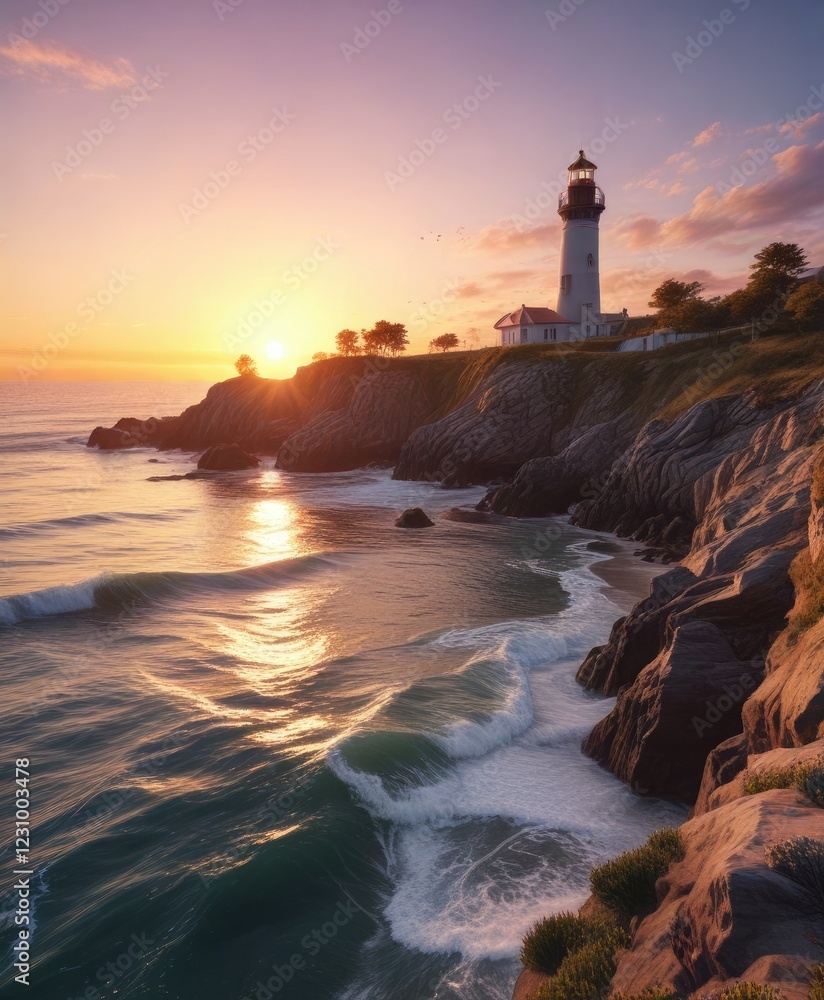 Serene ocean view of a coastline with lighthouse at sunset, seashore, golden hour Serene ocean view of a coastline with lighthouse at sunset, seashore, golden hour