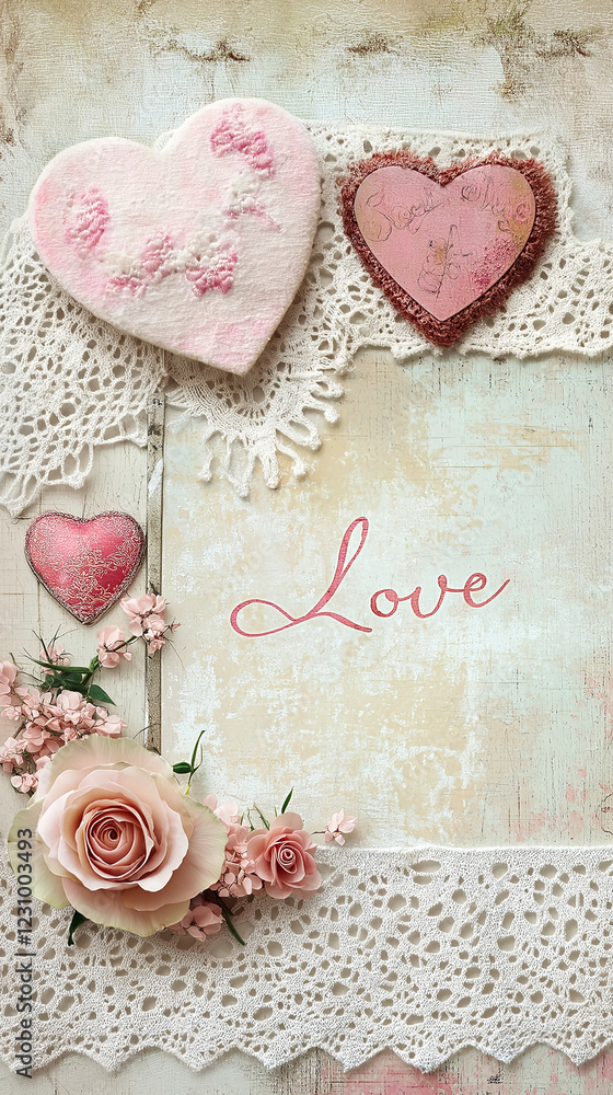 Pink Valentine hearts with lace, roses and copy space