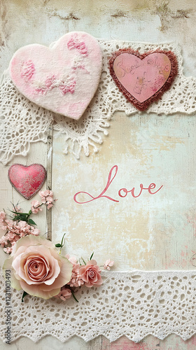 Obraz na płótnie Pink Valentine hearts with lace, roses and copy space w salonie