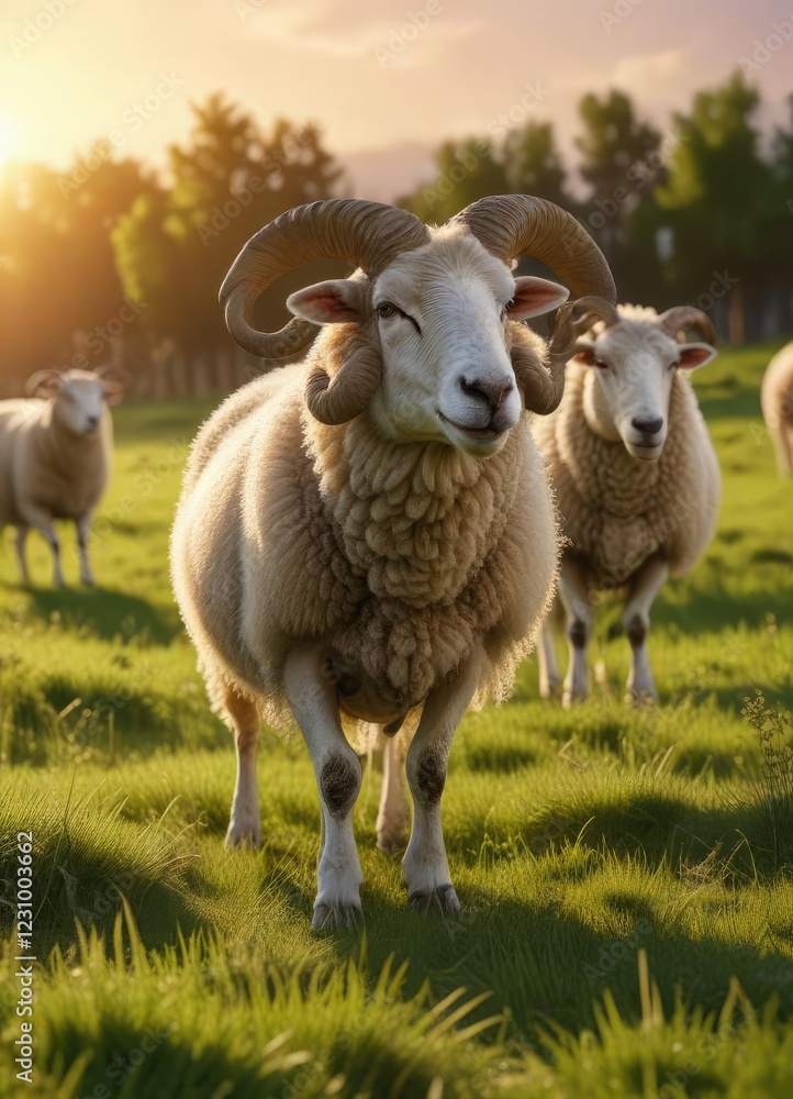 Sheep with four horns grazing in a green meadow at sunset, grassy meadow, countryside scene, four horns sheep Sheep with four horns grazing in a green meadow at sunset, grassy meadow, countryside scene, four horns sheep