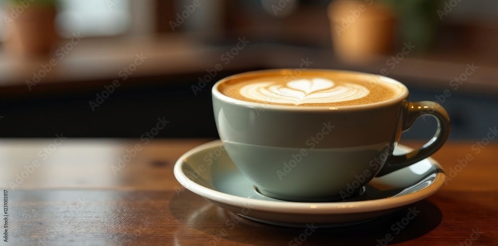 A richly flavored cup of cappuccino sits on the counter, flavor, counter A richly flavored cup of cappuccino sits on the counter, flavor, counter