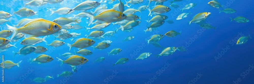 Naklejka premium Shoal of translucent blue fish swimming gracefully over a vibrant blue ocean background, ocean, shoal