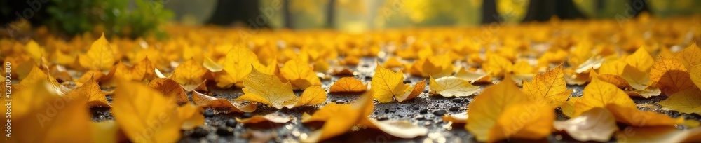 A sea of wet yellow leaves stretching across the ground, landscape, autumn A sea of wet yellow leaves stretching across the ground, landscape, autumn