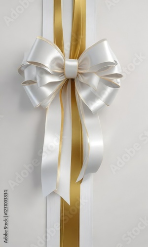 Shiny white gift ribbon and bow with golden edges, gold edges, shiny