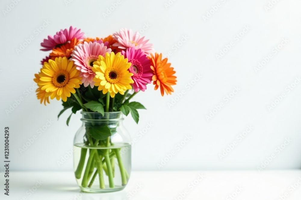 Fototapeta premium Colorful flowers in a glass jar on a white background, arrangement, , jar