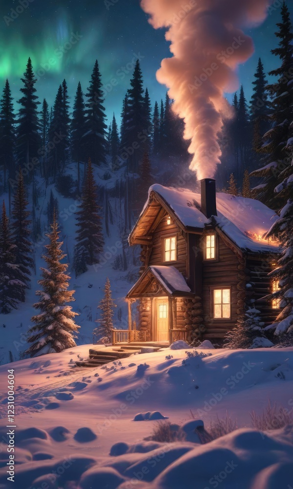 Fototapeta premium Snow-covered cabin with smoke rising from chimney amidst winter forest, aurora borealis displays above, aurora, northern lights