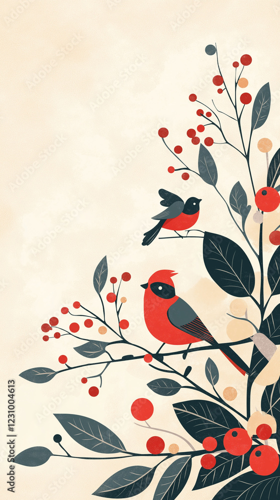 Vertical illustration of colorful birds with room for text