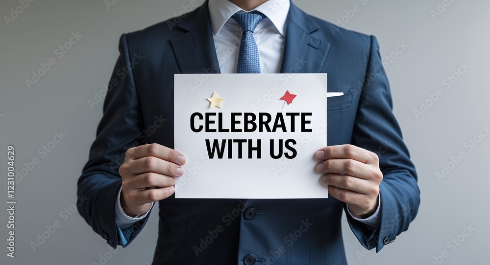 celebrate with us text on plain white paper in hand on guy on formal suit business concept background celebrate with us text on plain white paper in hand on guy on formal suit business concept background