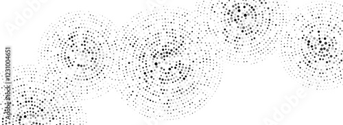 Black concentric dotted circles pattern. Rippled sound wave rings background. Radial halftone abstract wallpaper. Tech circular particles texture for banner, poster, presentation. Vector backdrop