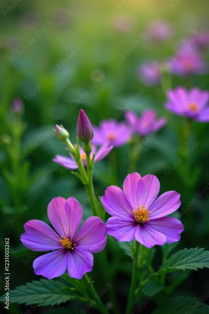 Flores de violeta entre las hojas verdes de una planta ancestral, florals, flowerfield Flores de violeta entre las hojas verdes de una planta ancestral, florals, flowerfield